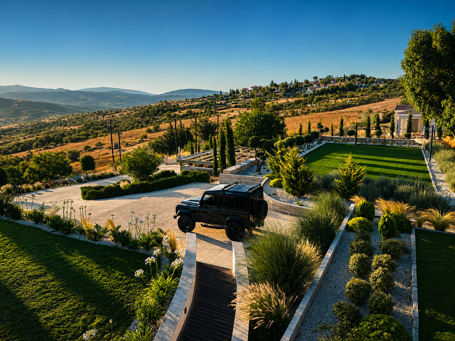 Morning light over Tapestry House and the hills of Cyprus